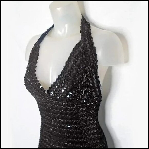 Black Sequin Halter Dress Sexy Micro Mini Bodycon Formal 70s Vintage Disco Era - Picture 3 of 13